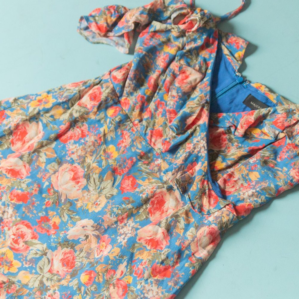 Majorelle x Revolve Blue Floral Salsa Off Shoulder Faux Wrap Mini Dress Sz M - Picture 3 of 10